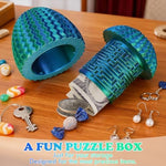 Adult hands holding the multi-layer labyrinth money puzzle box to solve it.