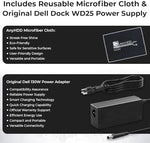 Dell Pro Dock WD25 with included microfiber cleaning cloth and power adapter setup components.