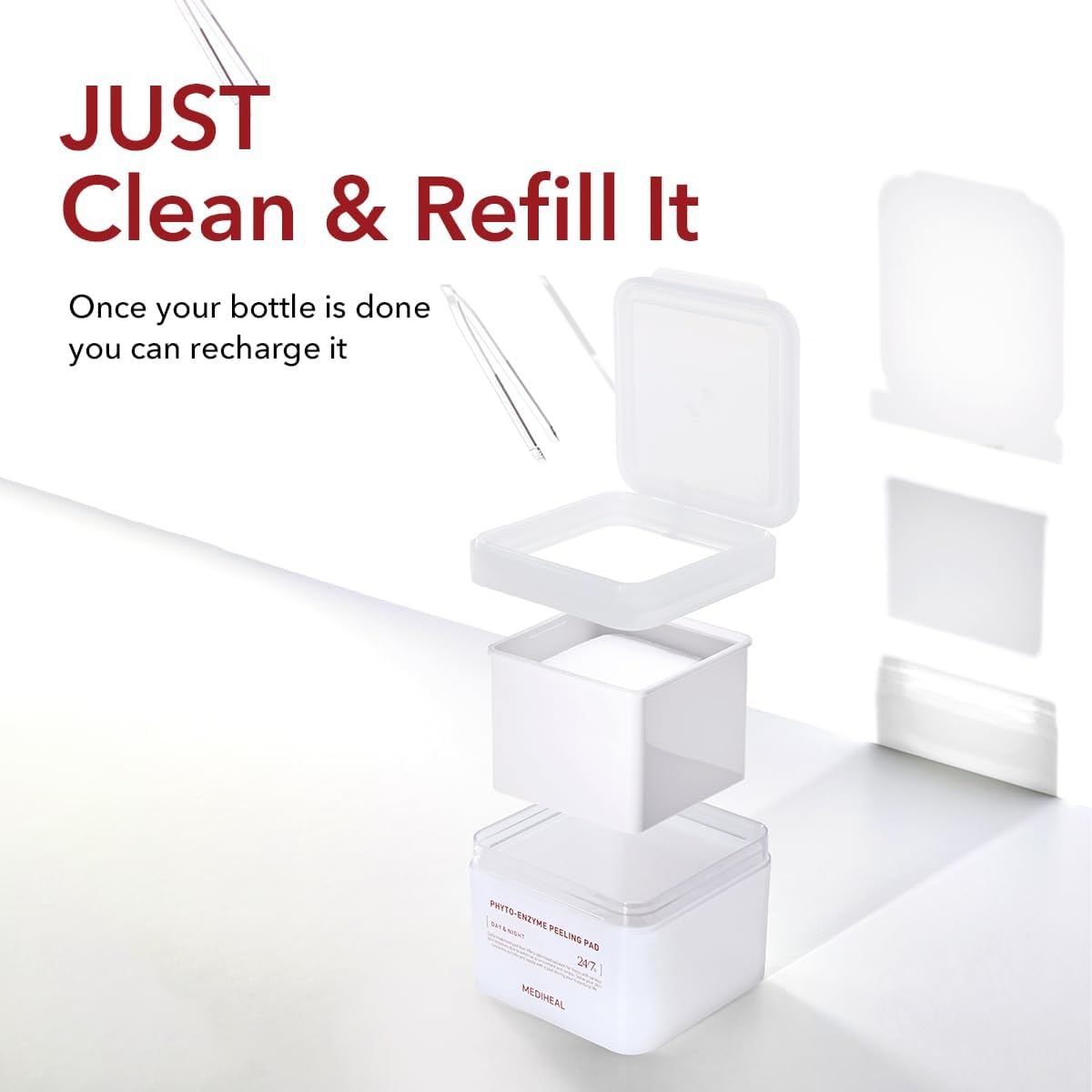 A single eco friendly dual sided peeling pad highlighting the moisture rich formulation for skin texture improvement.