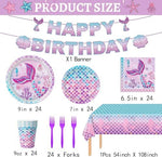 Close-up of Oigco mermaid theme plates and napkins with pink and purple fish scale patterns