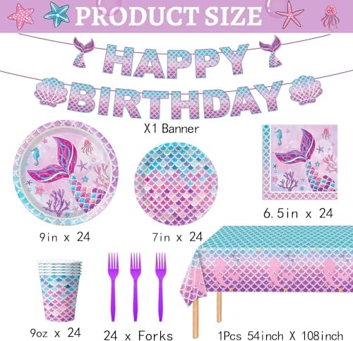 Close-up of Oigco mermaid theme plates and napkins with pink and purple fish scale patterns