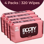 Four packs of pink BOOTY WIPES for women with flip top lids