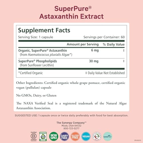 Nutritional facts and organic certification labels on the astaxanthin supplement bottle