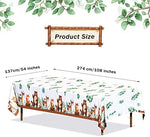 Three pack of disposable forest wildlife table covers spread over a long party table.