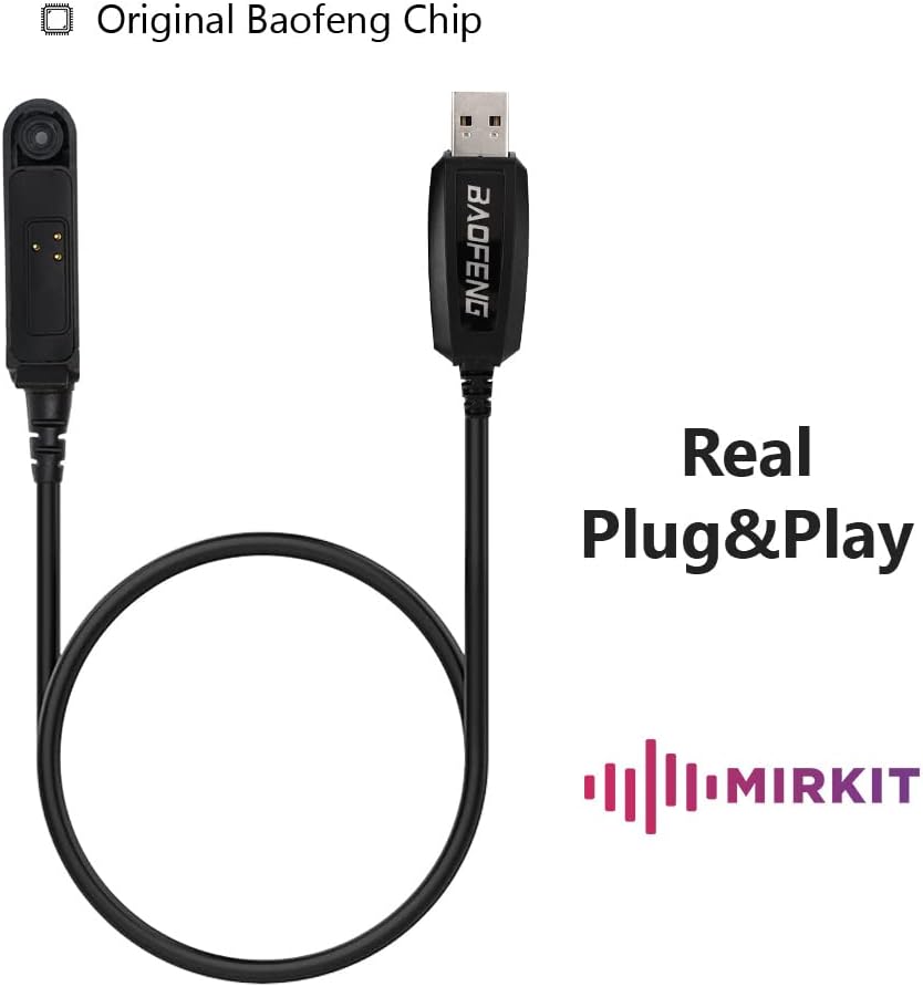 Mirkit Baofeng programming cable connected to a waterproof radio