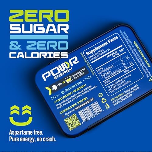 POWR caffeinated mints ingredients list showing sugar free and zero calorie formula