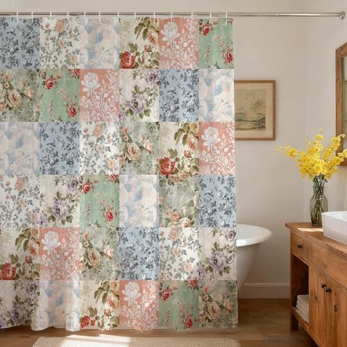 Full view of 72 by 72 inches Mocsicka retro patchwork bathroom curtain.