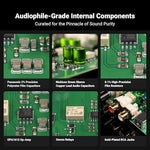 Fosi Audio Box X5 internal view showcasing premium audio capacitors and socketed operational amplifiers