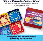 Stacked jigsaw puzzle accessory trays with secure safety lid attached