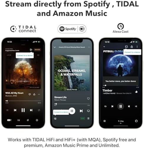 WiiM Mini wireless stereo player next to a smartphone displaying the companion mobile application.
