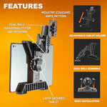 Ibolt Tabdock tablet mount adjusting arm highlighting the twenty-five millimeter dual ball joints.