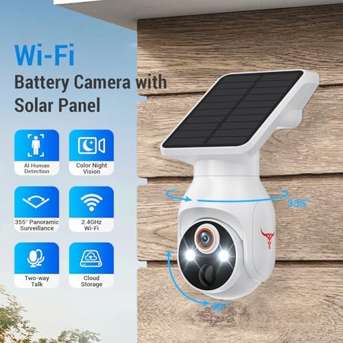 FameVibe solar surveillance camera connected to its dedicated solar panel setup.