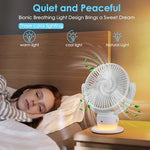 OGZ seven inch rechargeable fan operating on a bedside table with LED night light illuminated