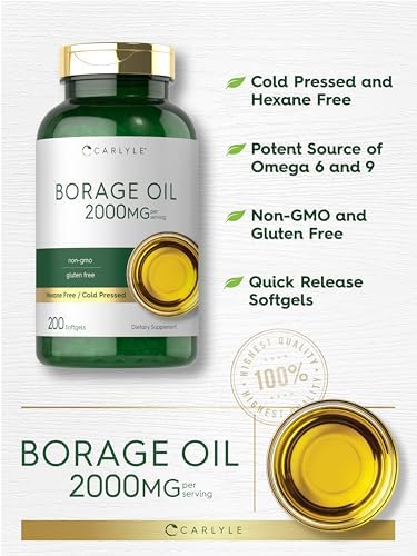 Nutritional facts label on the back of Carlyle Borage Oil 2000mg showing 320mg GLA content