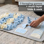 Dog interacting with slow food enrichment mat