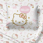 Complete setup of the Jay Franco pink Hello Kitty queen size sheet set on a mattress