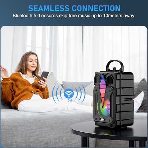 Dnil party speaker with microphone attached demonstrating karaoke setup.