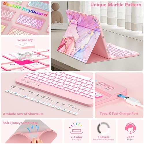 FUWANG 10.2 inch iPad keyboard case showing seven vibrant backlight color options