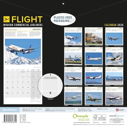 Carousel Calendars, Flight Modern Commercial Airliners 2026 Wall Calendar - Image 3