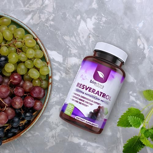 Biodora Resveratrol 1600mg complex bottle with supplement benefits list