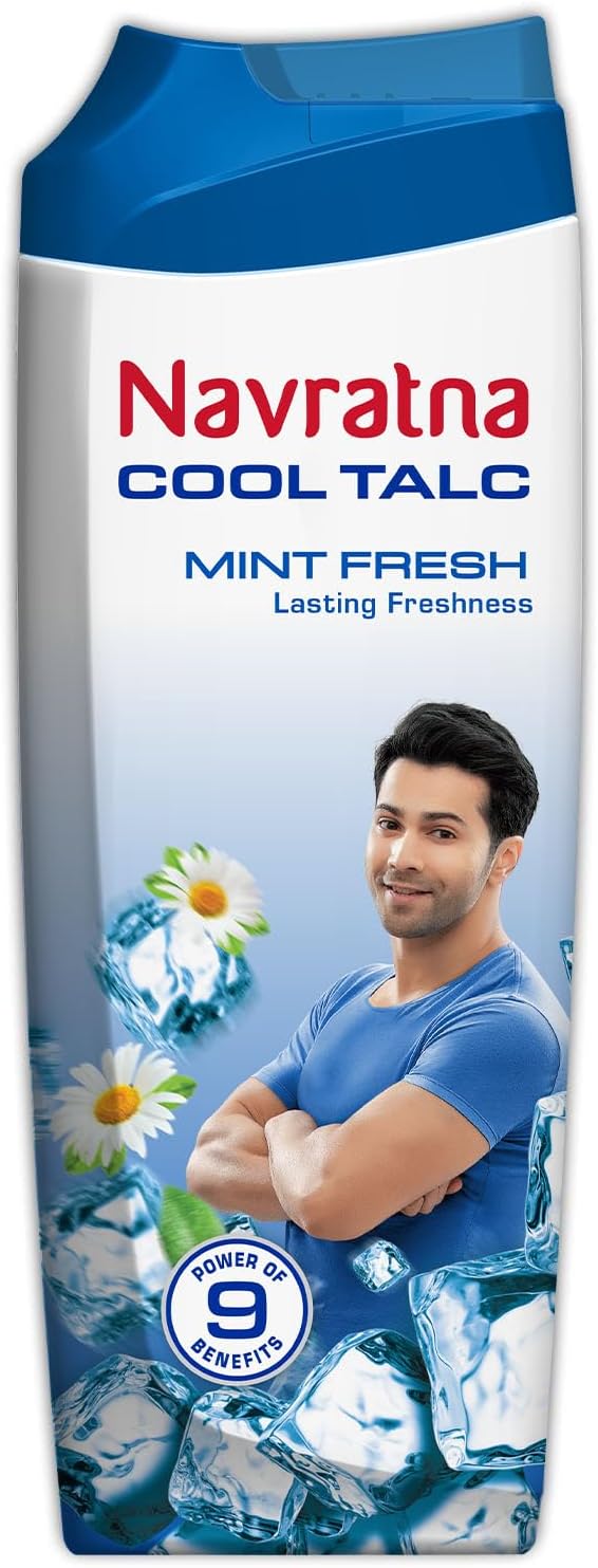 Navratna cool mint fresh talc powder front view bottle