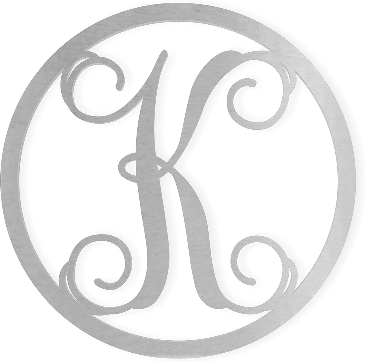 Jess and Jessica metal letter K monogram front view for customizable outdoor entryway wreath decor.