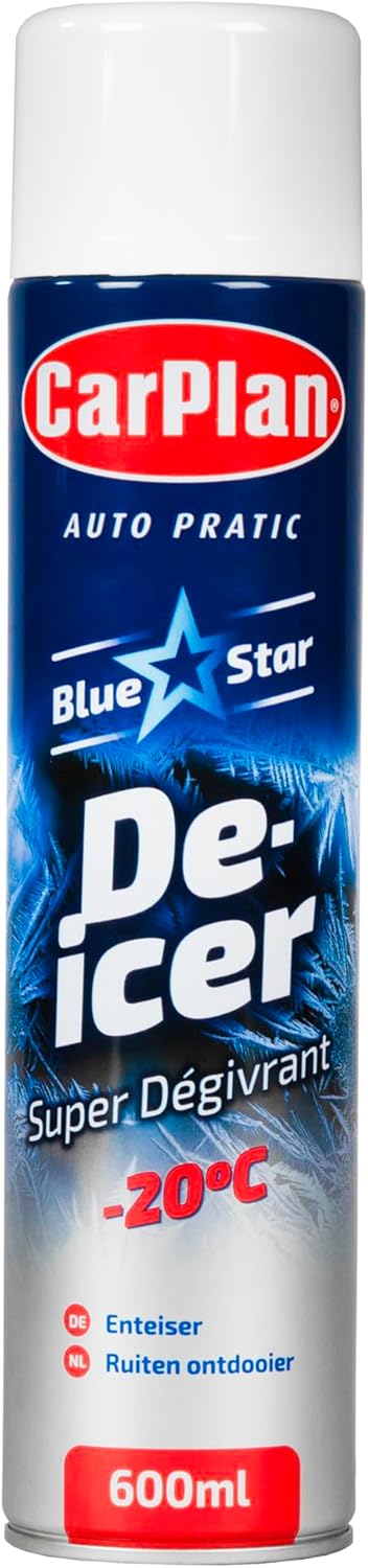 CarPlan Blue Star De Icer Aerosol 600ml front view showing brand logo and extreme cold temperature rating.