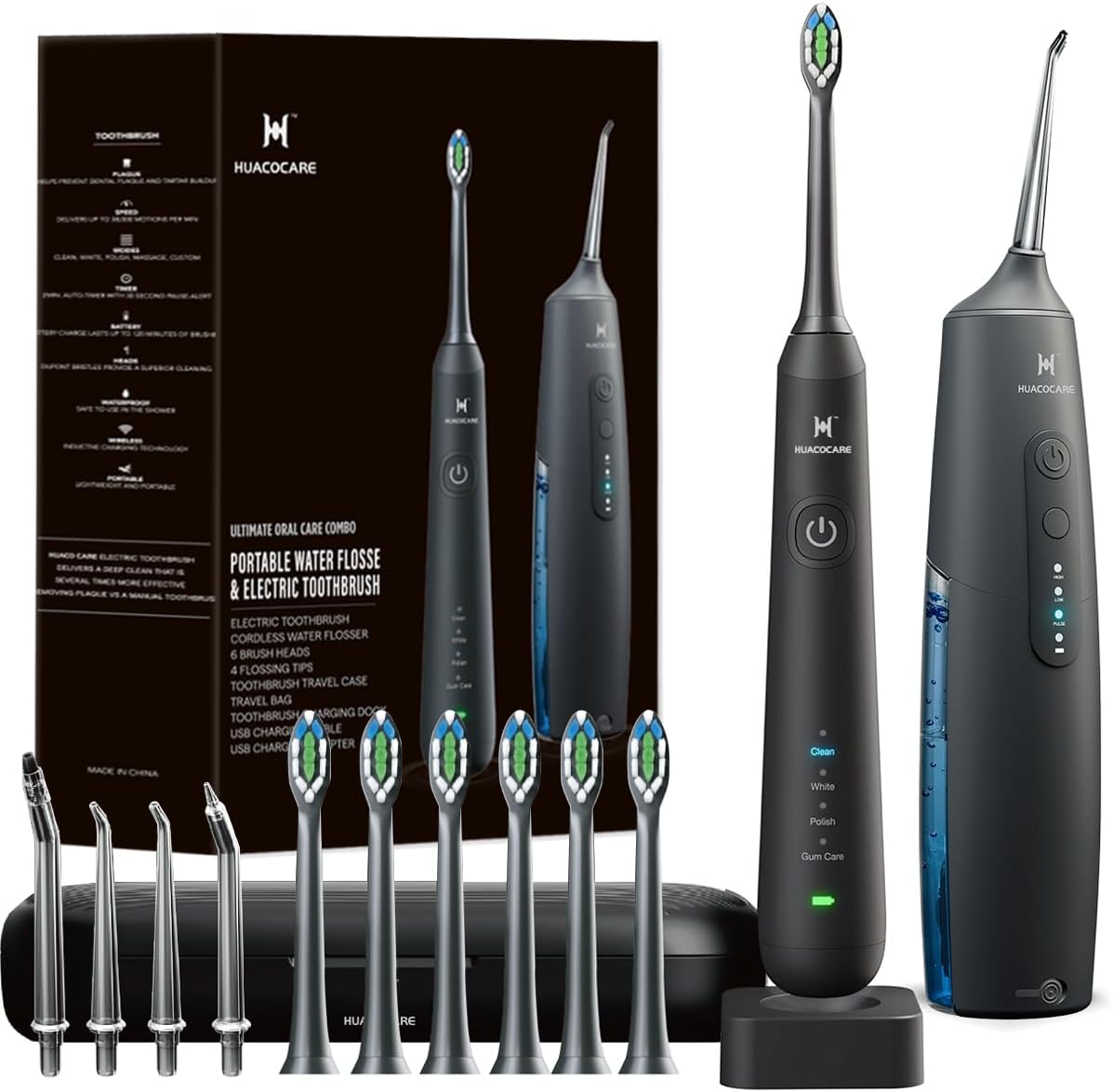 HUACO CARE 2-in-1 Oral Clean Kit front view showing toothbrush and flosser combo