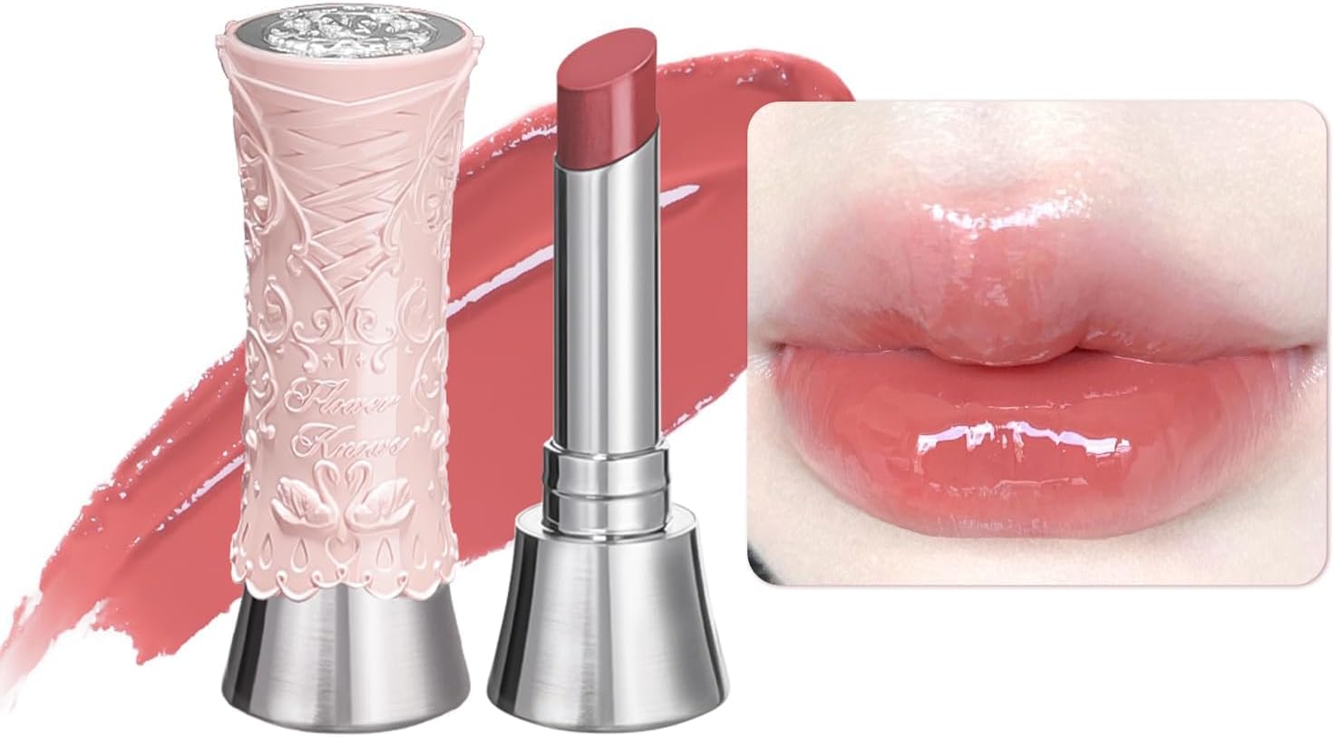 Flower Knows Swan Ballet Shine Lipstick front view showcasing the pink case and silver ballet detailing.