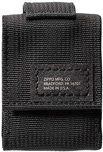 Authentic black crackle windproof lighter standing next to its heavy duty nylon tactical pouch