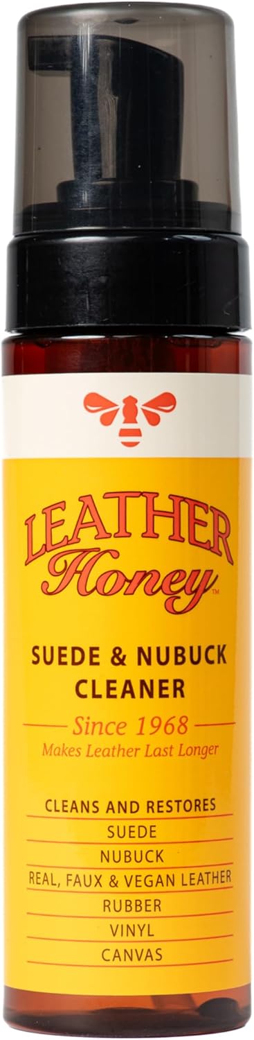 Leather Honey Suede And Nubuck Cleaner front view bottle showcasing foaming formula benefits