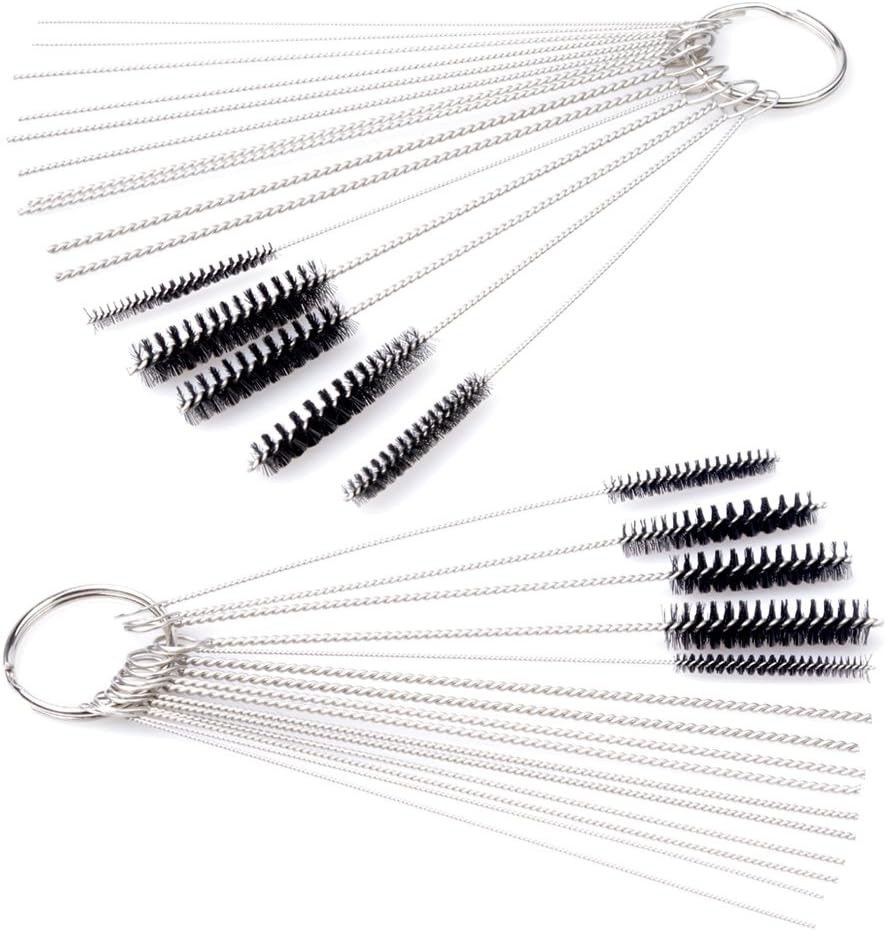 Dosens Carburetor Carb Cleaner Cleaning Brushes Kit front view showcasing twenty needles and ten brushes arranged on key rings
