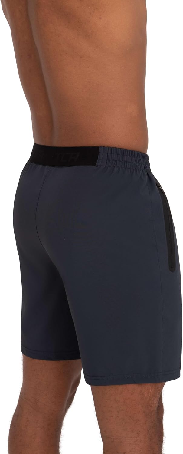 TCA athletic running shorts showing secure zip pocket detail