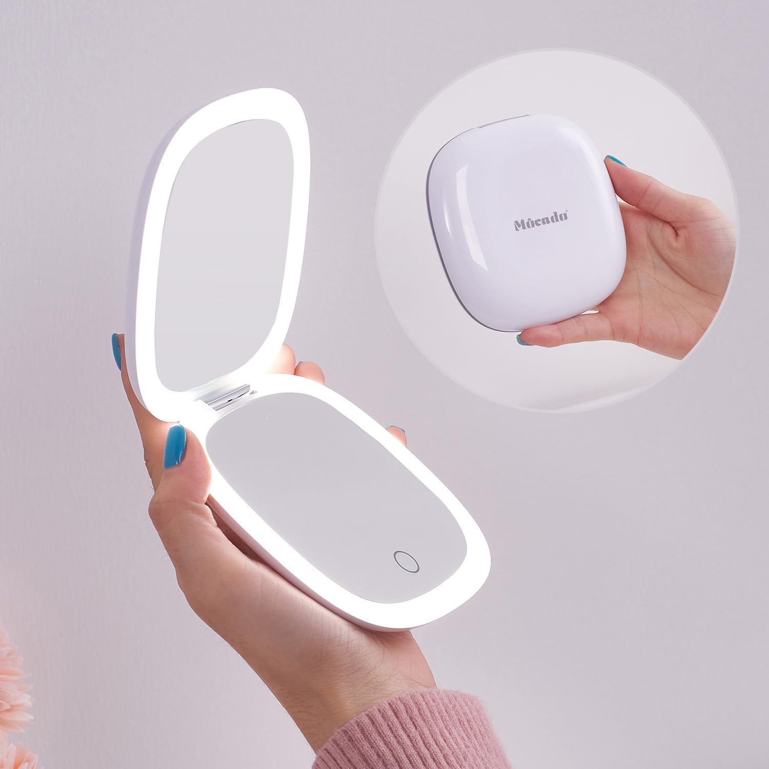 Mocado compact LED magnifying travel makeup mirror front view showing white outer casing
