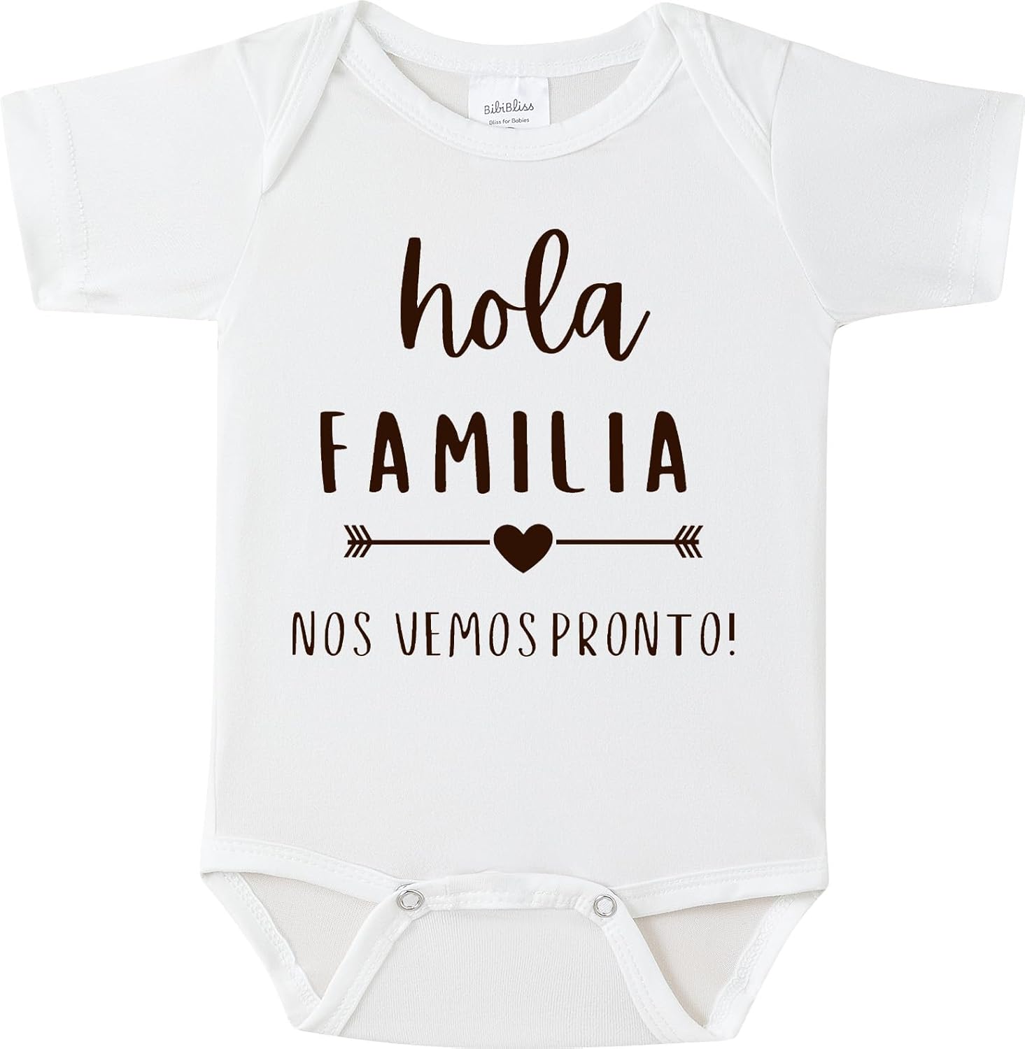 Nene Glamour Hola Familia pregnancy reveal infant bodysuit front view featuring Spanish announcement text.