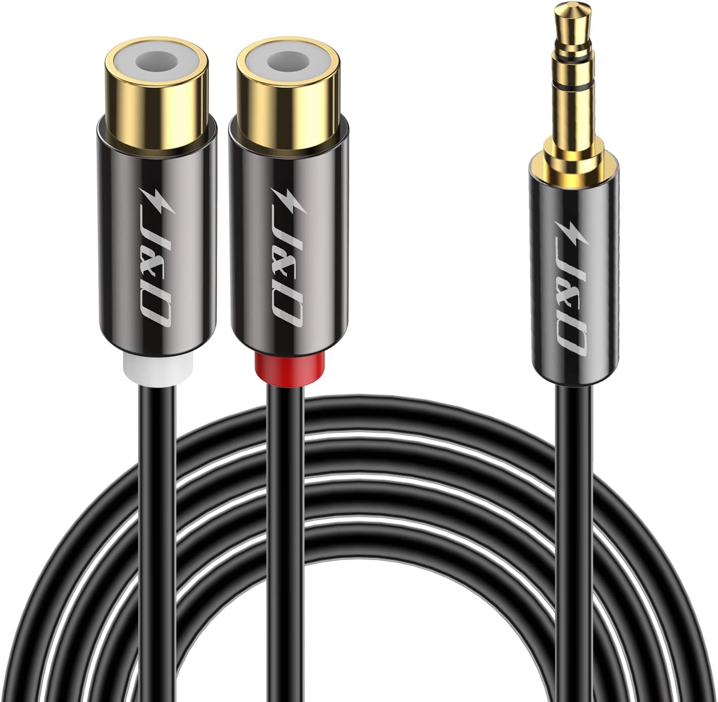 J&D 3.5mm male to 2RCA female audio cable front view showing gold-plated connectors and heavy-duty copper shells.