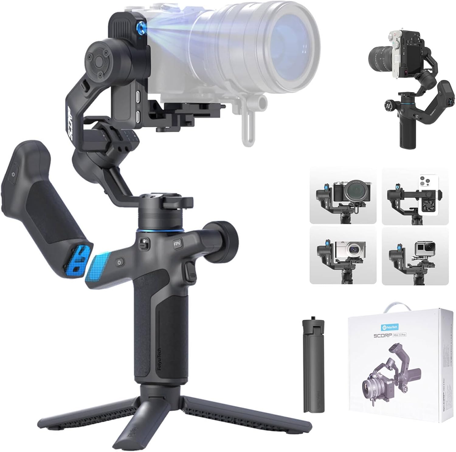 FeiyuTech SCORP Mini 3 Pro 3-axis gimbal stabilizer front view with mirrorless camera attached.
