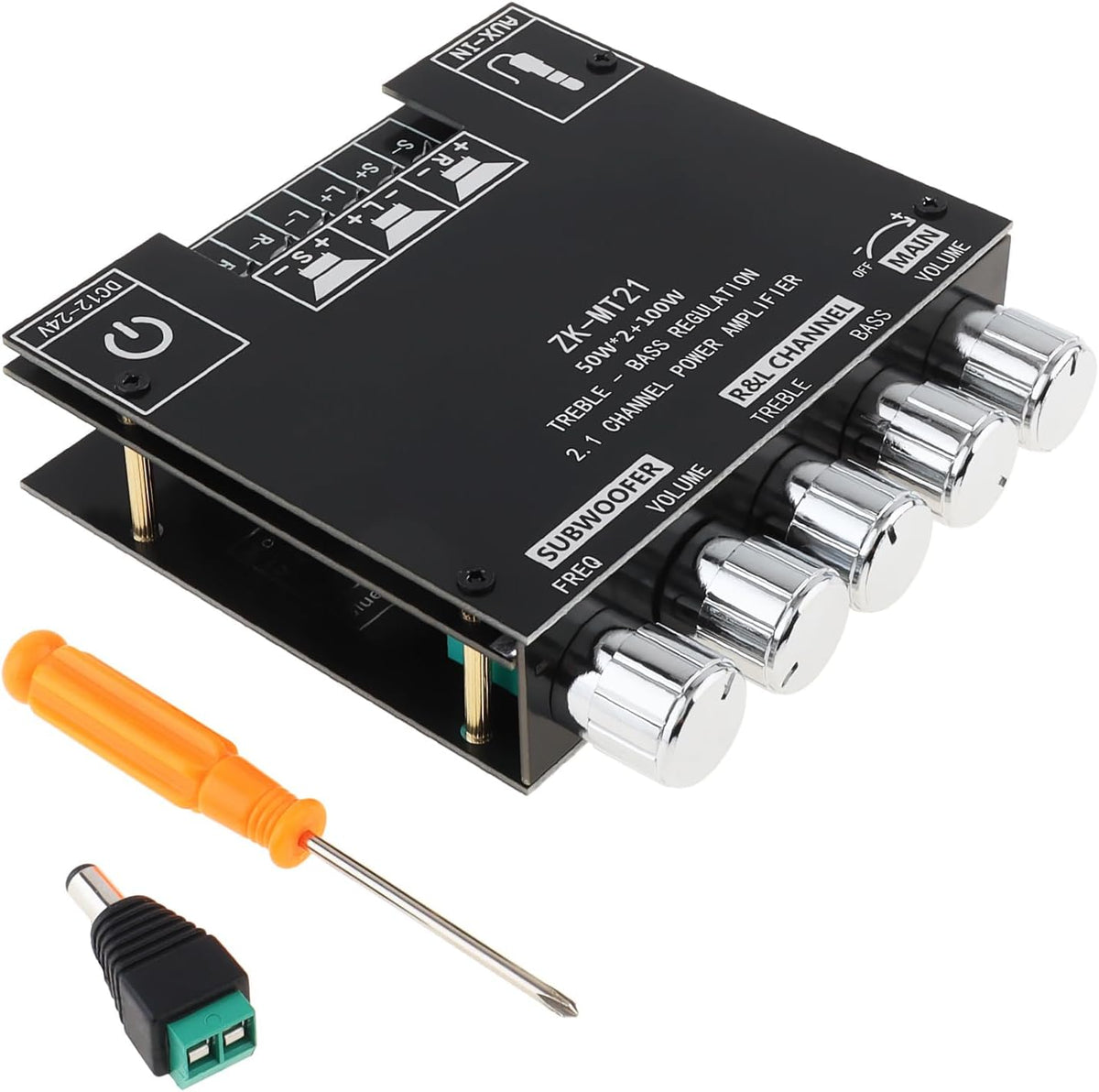 DiGiYes ZK-MT21 Bluetooth power amplifier board front view showing five tuning knobs and circuit layout.