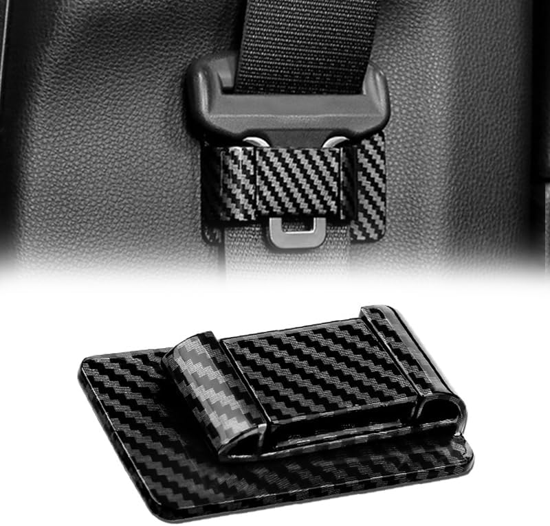 Closer car interior seat belt holder front view showcasing sport black carbon fiber pattern finish.