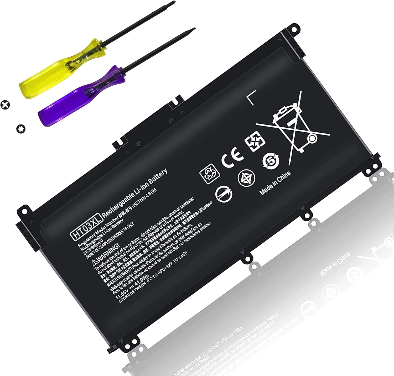 TSKYBEAR HT03XL laptop battery front view highlighting sleek black protective housing design