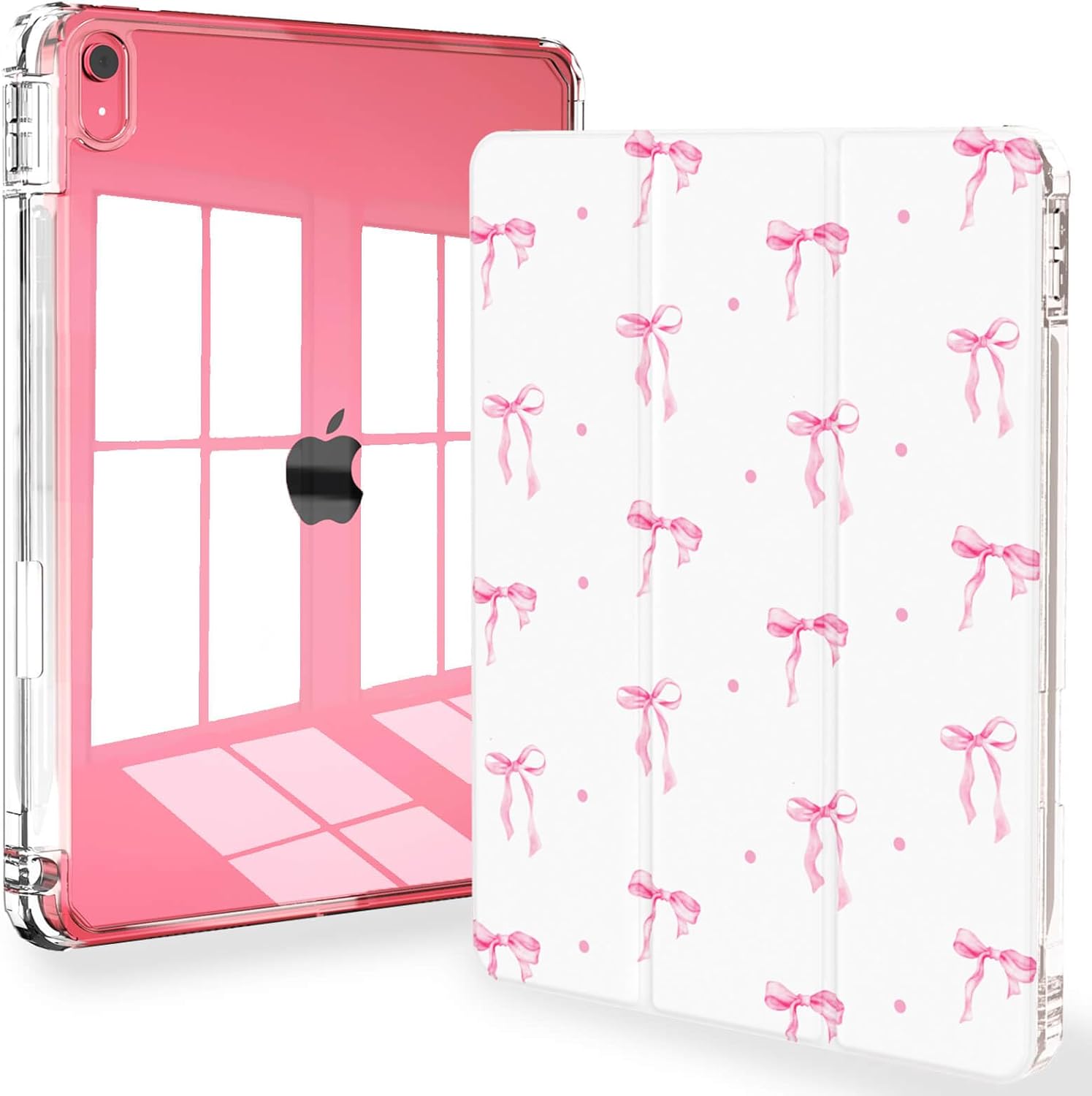 Feams Pink Bowknot iPad Case front view showing the stylish tri-fold smart cover pattern.