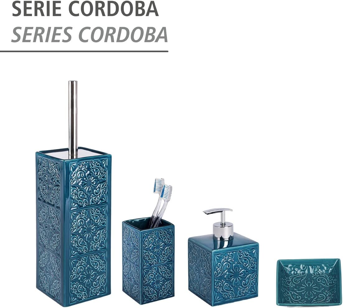 Wenko Cordoba Blue soap dispenser on bathroom countertop