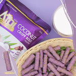 Close up of Aroi Coconut Crispy Rolls texture and purple sweet potato colour