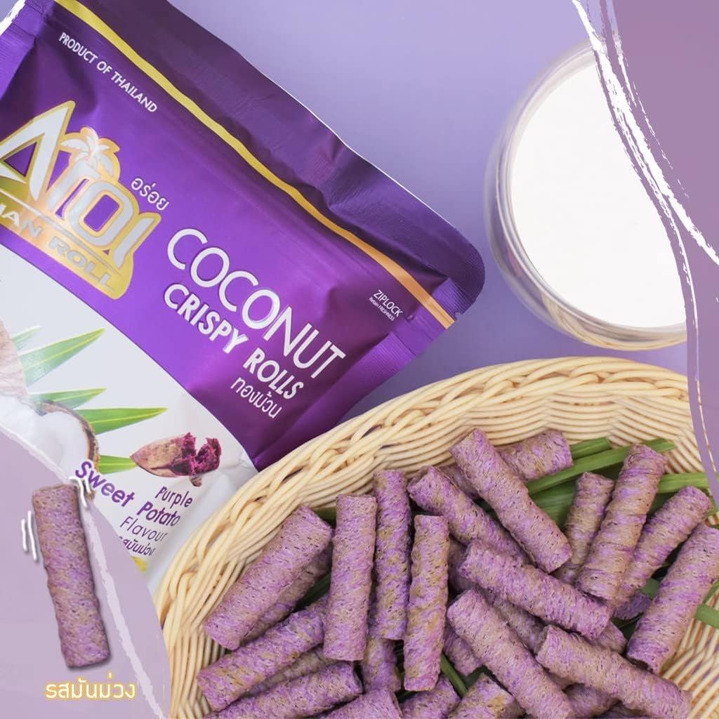 Close up of Aroi Coconut Crispy Rolls texture and purple sweet potato colour