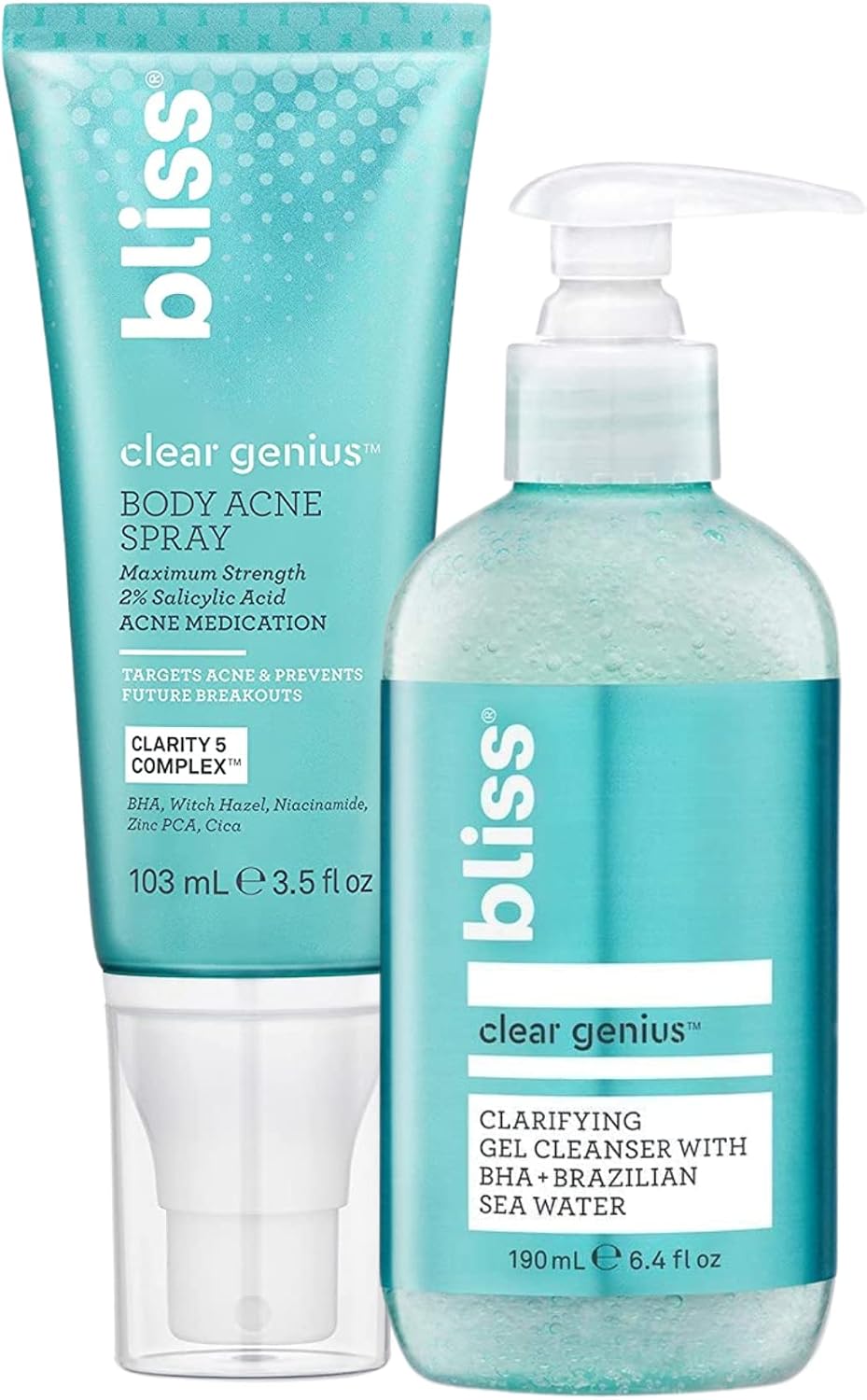 Bliss Clear Genius Clarifying Gel Cleanser and Body Spray set front view
