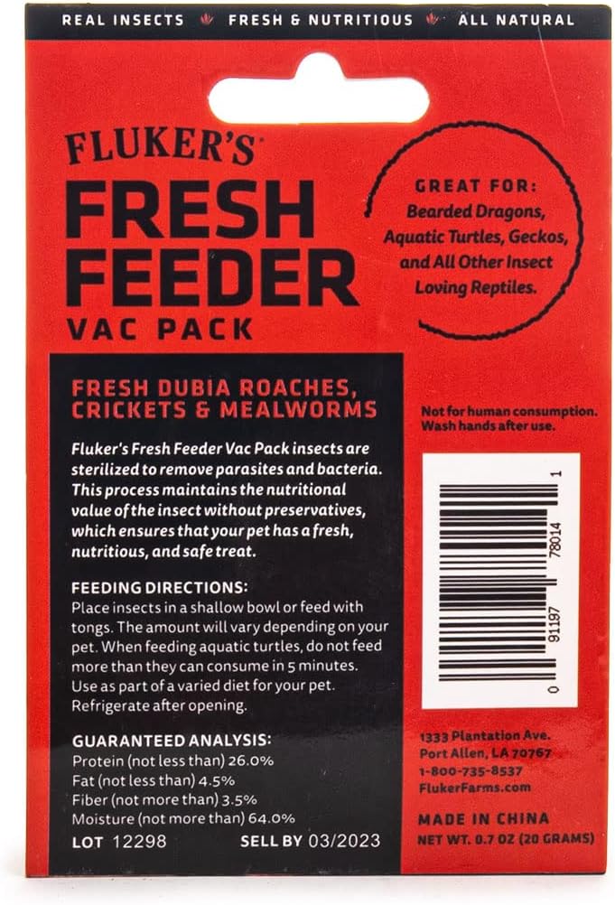 Fluker's vacuum sealed reptile treat pack showing sterilized dubia roaches and crickets.