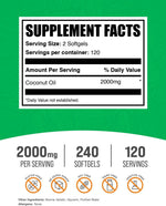 BulkSupplements cold pressed coconut oil capsules 2000mg nutritional facts label