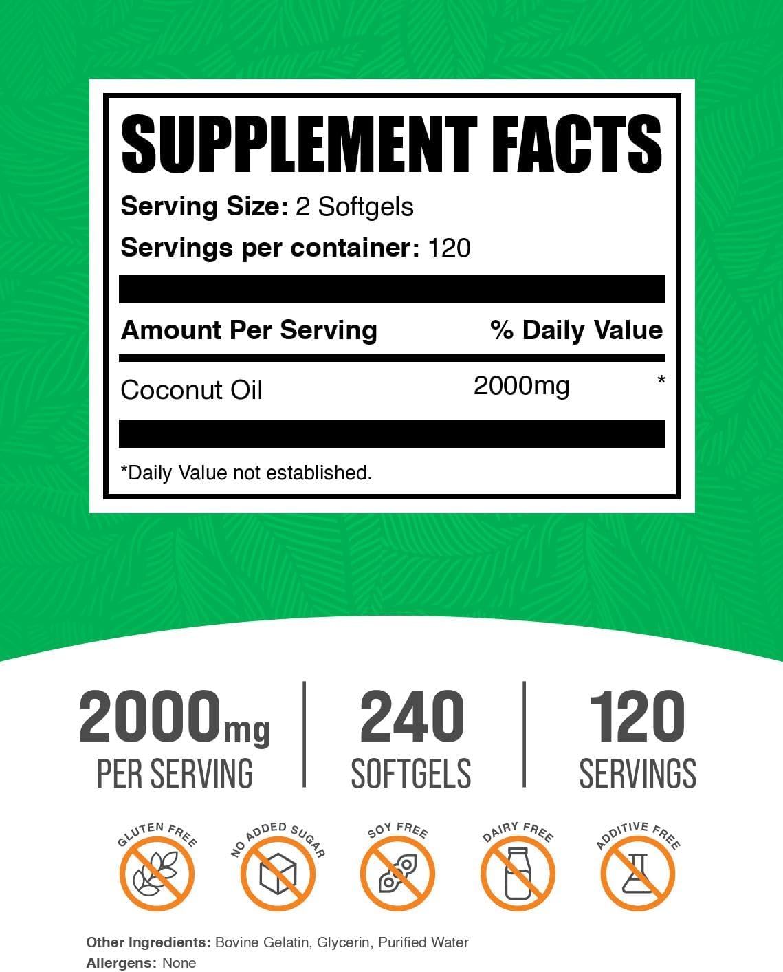 BulkSupplements cold pressed coconut oil capsules 2000mg nutritional facts label