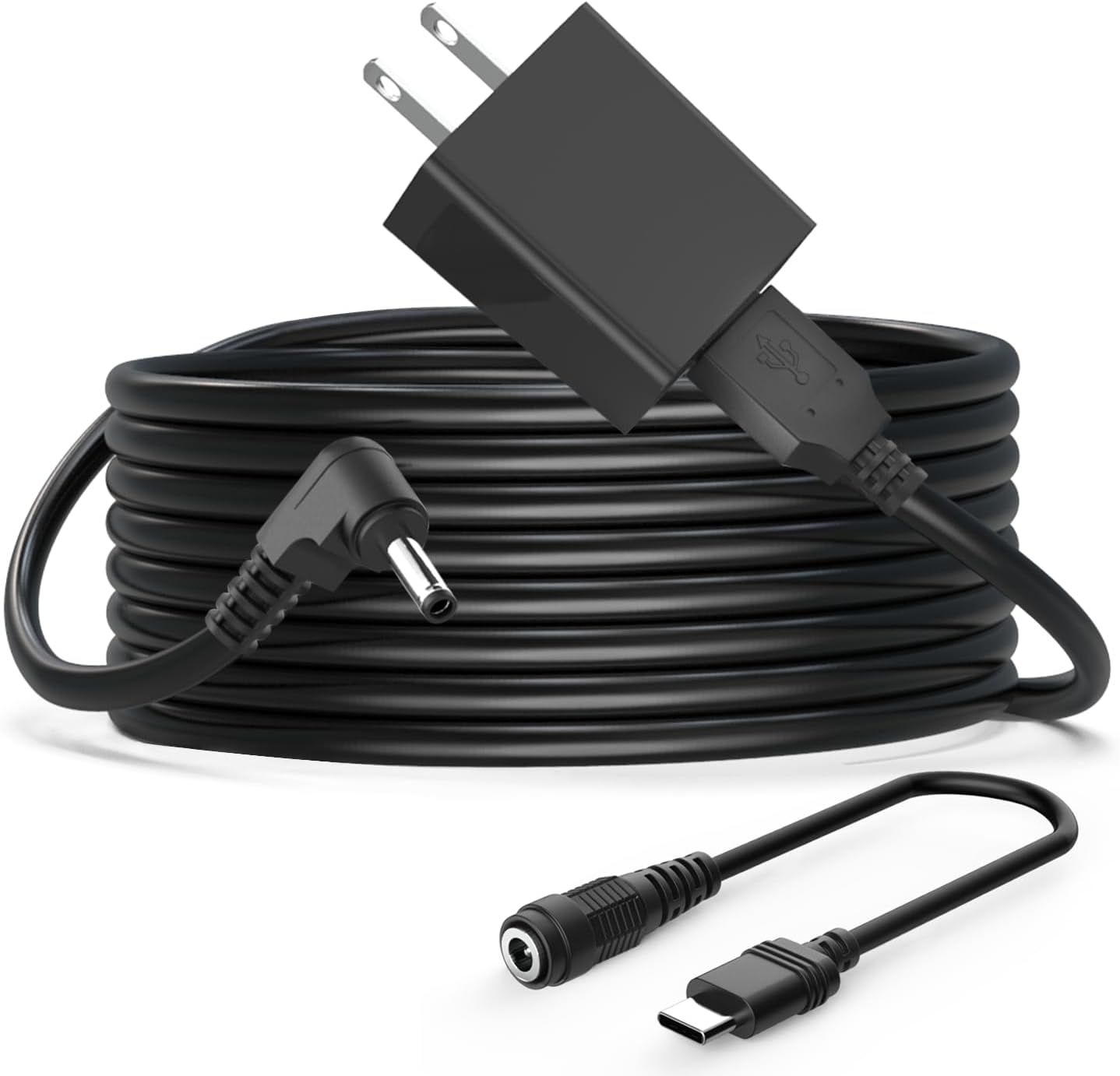Cordro Ring Stick up Cam charger cable and power adapter front view displaying the complete premium black power cord kit.