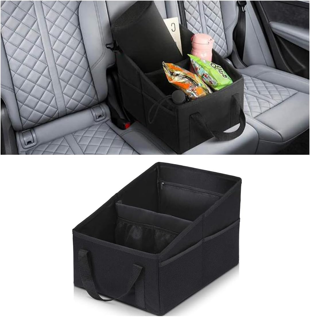 GLSOWEE car seat organizer front view showcasing dual main storage compartments filled with travel gear.
